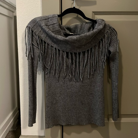 Gray Women’s off the shoulder fringe sweater - Picture 1 of 3